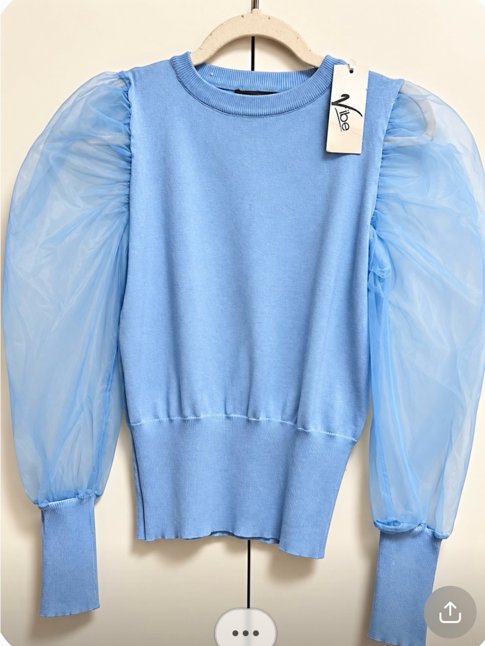Vibe Sky Blue Organza Puff-Sleeve Sweater Top